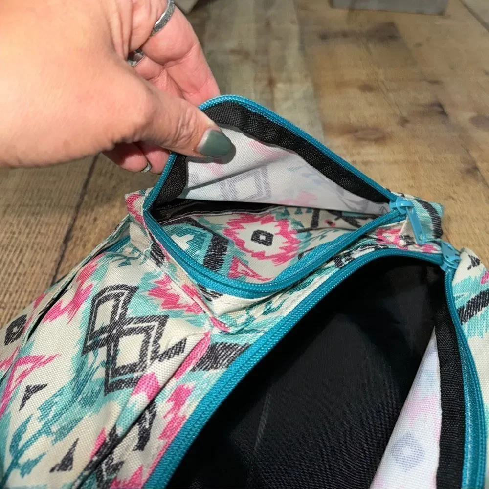 Kavu Rope Crossbody Sling Bag Aztec Southwestern Geometric Teal/Pink/Black